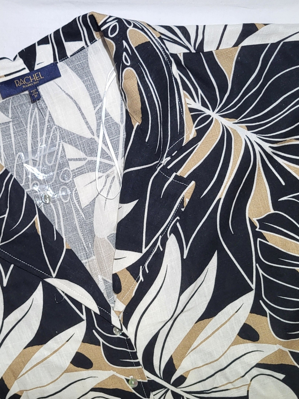 Rachel Tropical Leaf Button-Up Top in Black, White & Tan